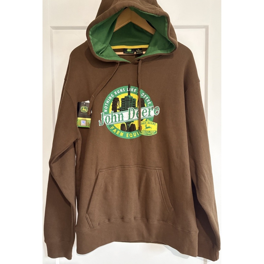 NWT John Deere Graphic Hoodie Men's Medium Brown Vintage Farm Equipment Pullover